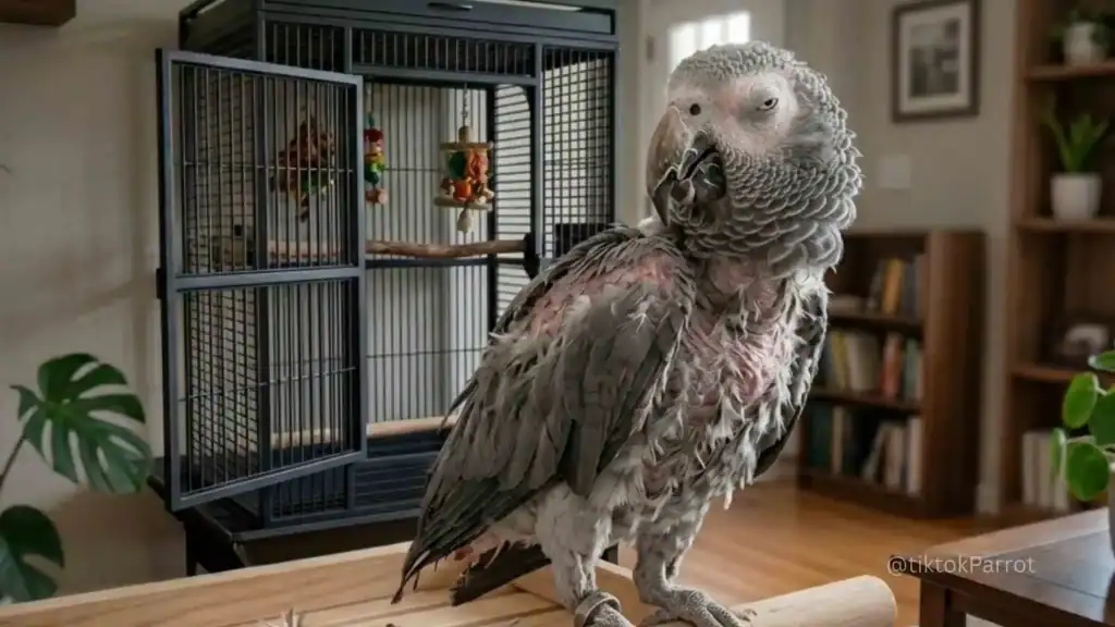 African Grey Parrot with signs of feather disease in a home setting.