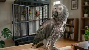 African Grey Parrot with signs of feather disease in a home setting.