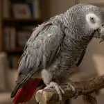 African Grey Parrot with signs of aging, perched indoors on a wooden branch.