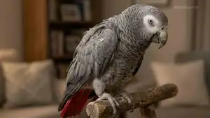 African Grey Parrot with signs of aging, perched indoors on a wooden branch.