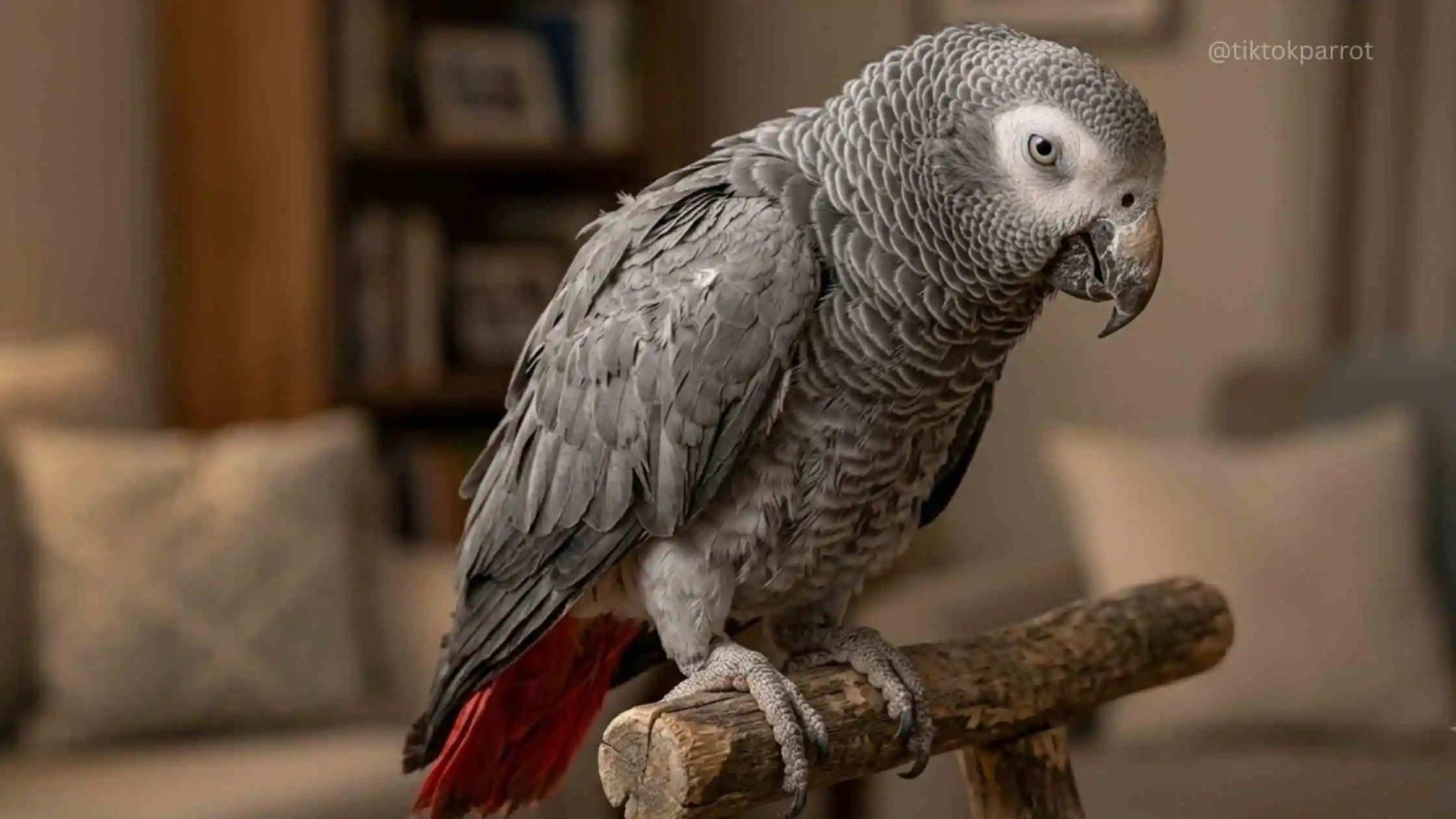 African Grey Parrot with signs of aging, perched indoors on a wooden branch.