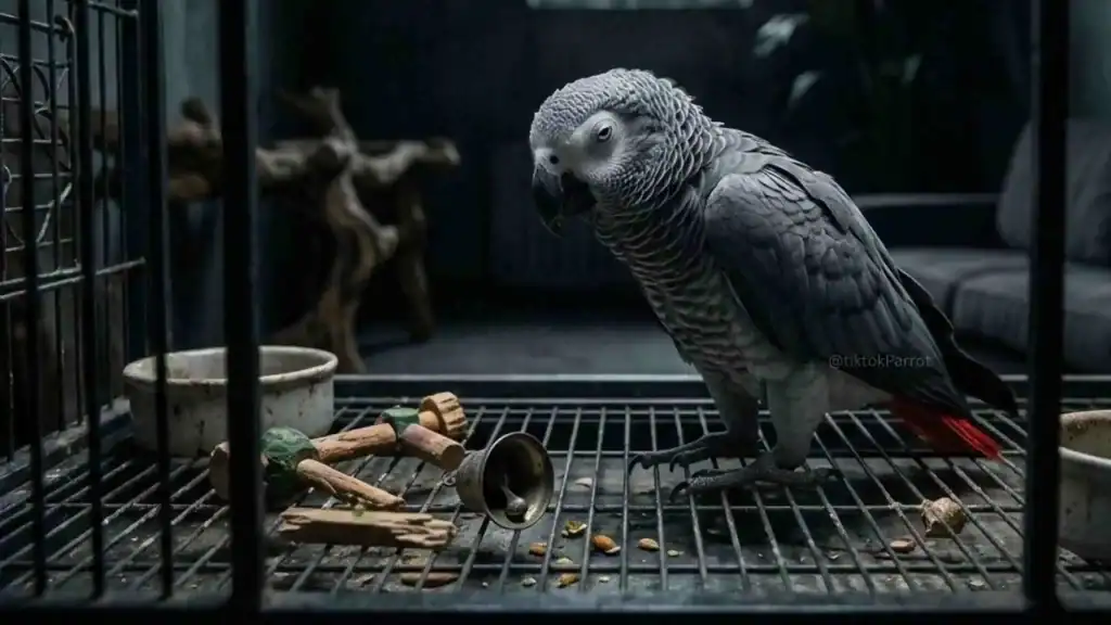 African Grey Parrot inside a cage with toys and perches.