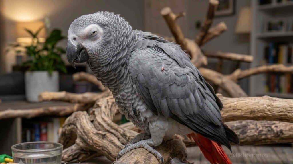 African Grey Parrot perched on a branch in a cozy indoor setting.