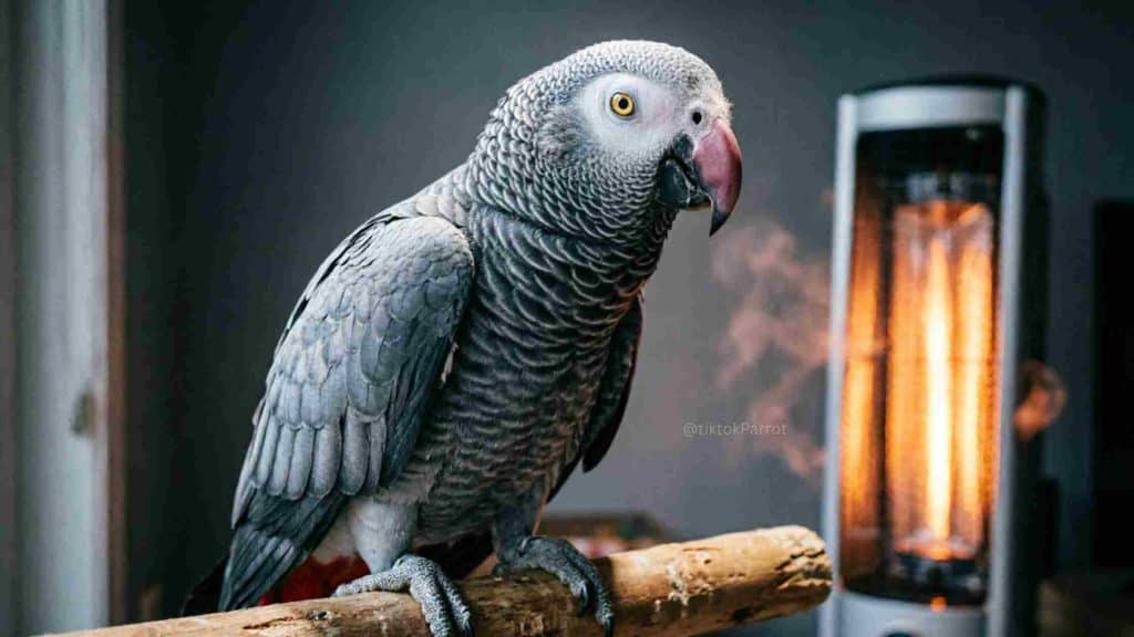 African Grey Parrot perched near a heater in a cozy room setting.