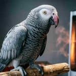 African Grey Parrot perched near a heater in a cozy room setting.