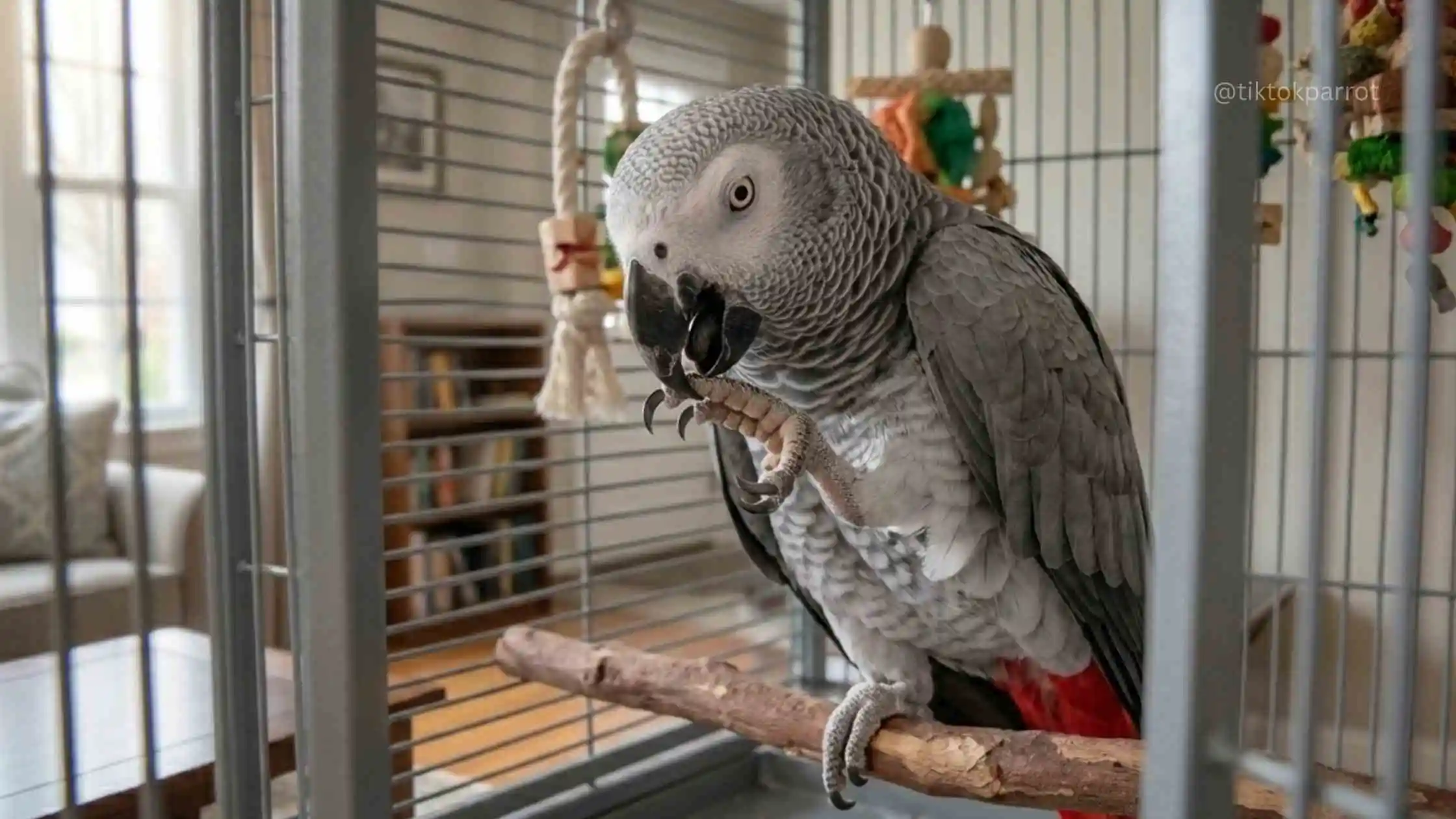 African Grey Parrot perched inside a cage with a wooden perch.
