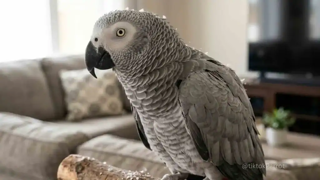 African Grey Parrot with grey feathers and yellow eyes in a home setting.