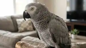 African Grey Parrot with grey feathers and yellow eyes in a home setting.