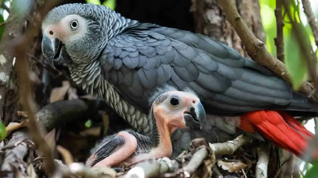 African Grey Parrot with chick in nest, showing parental care.