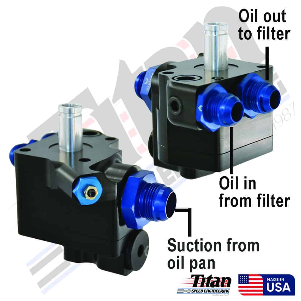 Oil filter housing with inlets and outlets for oil flow management in automotive engines, featuring labeled connections for oil out, oil in, and suction from oil pan, designed for high-performance engine applications.