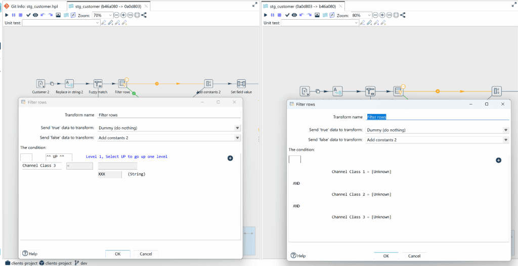 A modified step opened from the visual diff, showing the exact parameter changes in its configuration dialog