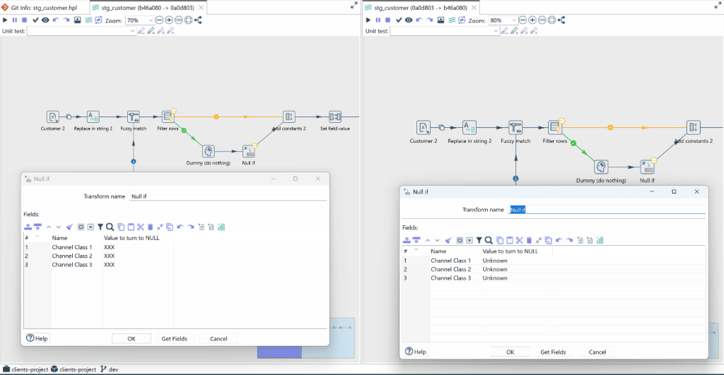 Another view of step-level changes highlighted during the side-by-side comparison