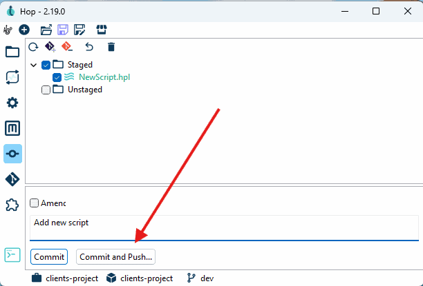 The Git commit window in Hop GUI showing staged and unstaged changes with the message input area