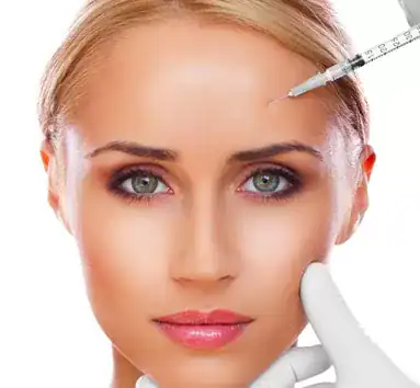 Woman receiving facial aesthetic treatment with a syringe for skin rejuvenation.