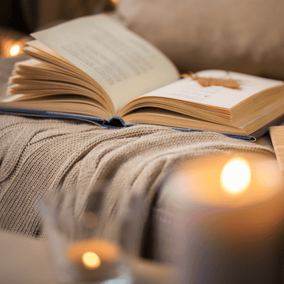 Relaxing reading scene with open book and warm candlelight at Tonic Day Spa.
