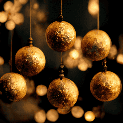 Elegant gold Christmas baubles for festive holiday decoration at Tonic Day Spa.