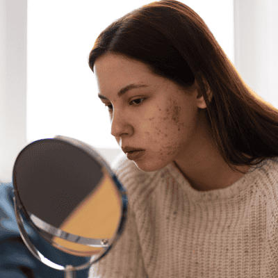 Young woman examining her stressed-out skin in a mirror at Tonic Day Spa.