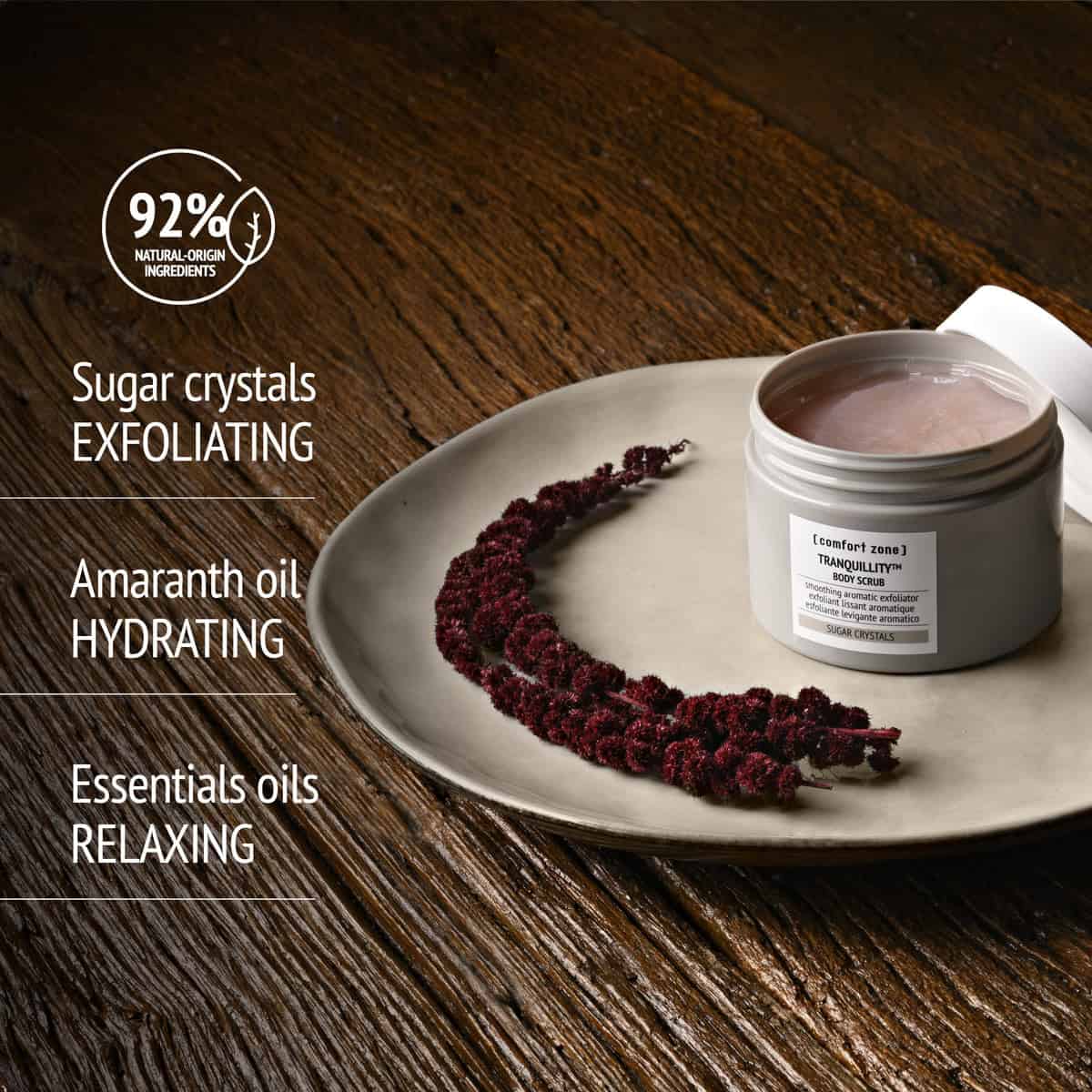 Relaxing body scrub with natural ingredients for smooth skin.