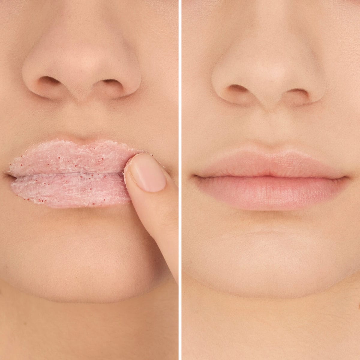 Close-up of lips with Hydramemory Exfoliating Lip Scrub application and after treatment, showing smo.