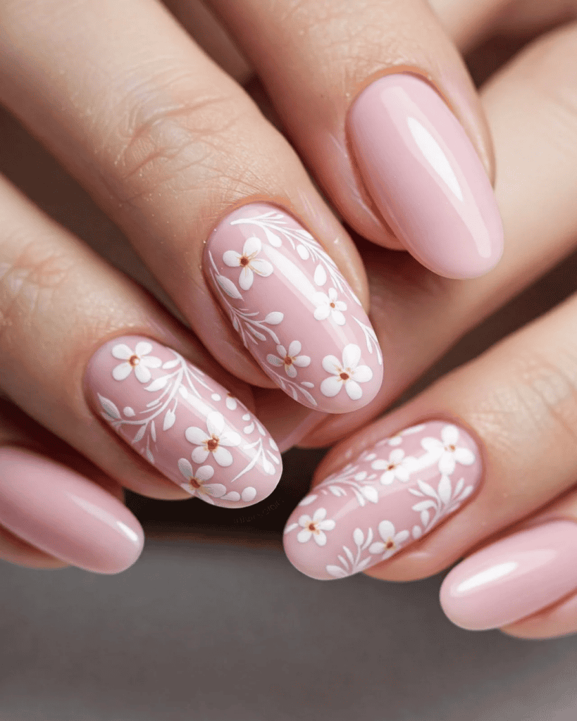 Beautiful pink nails with white floral designs, perfect for a relaxing manicure.
