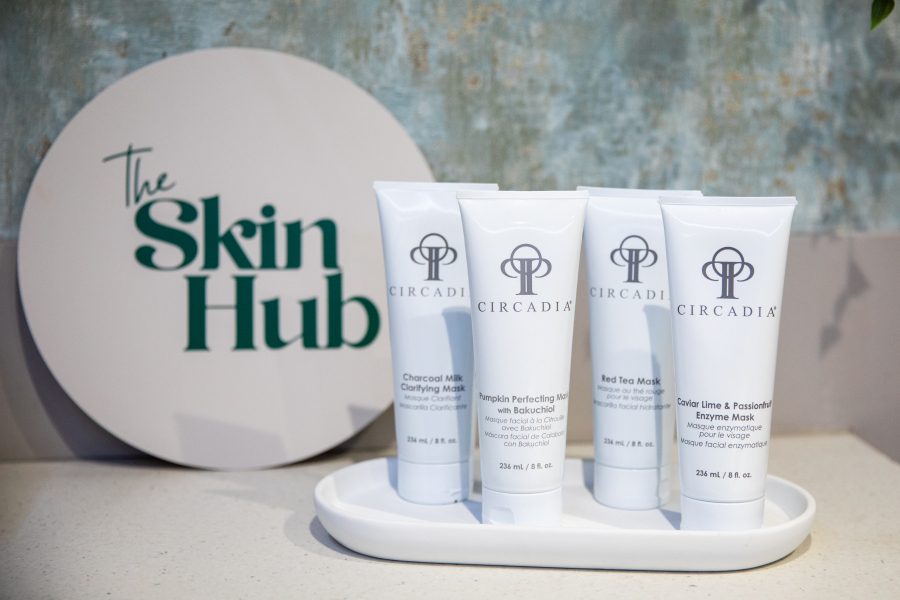 Display of skin hub logo behind Circadia skin-care products