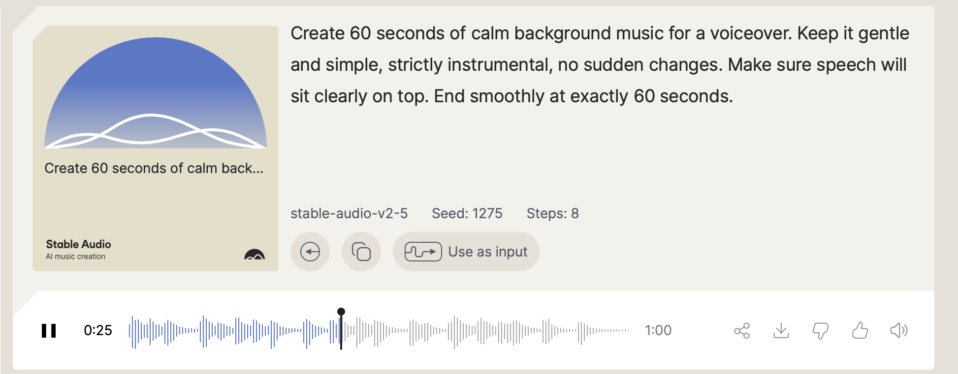 Screenshot of the prompt inserted in under the prompt insertor of stable audio 2.5 for the purpose of reviewing it