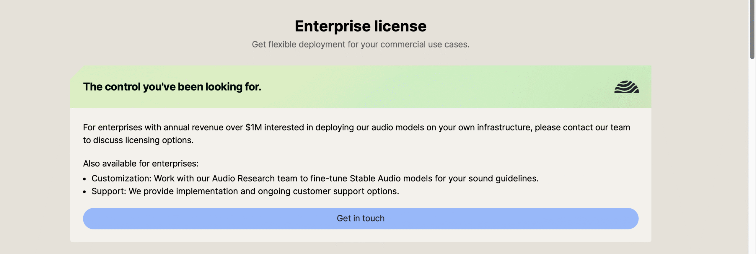 Screenshot of the enterprise plan of Stable Audio 2.5