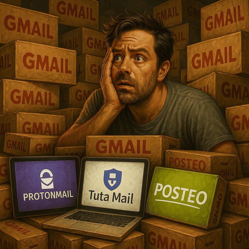 Hyper-realistic digital illustration of a man overwhelmed by the task of leaving Gmail. He sits surrounded by towering stacks of Gmail-labeled boxes, looking stressed and uncertain. In front of him, three glowing laptop screens display the logos of Proton Mail, Tuta Mail, and Posteo, symbolizing alternative email services competing to replace Gmail