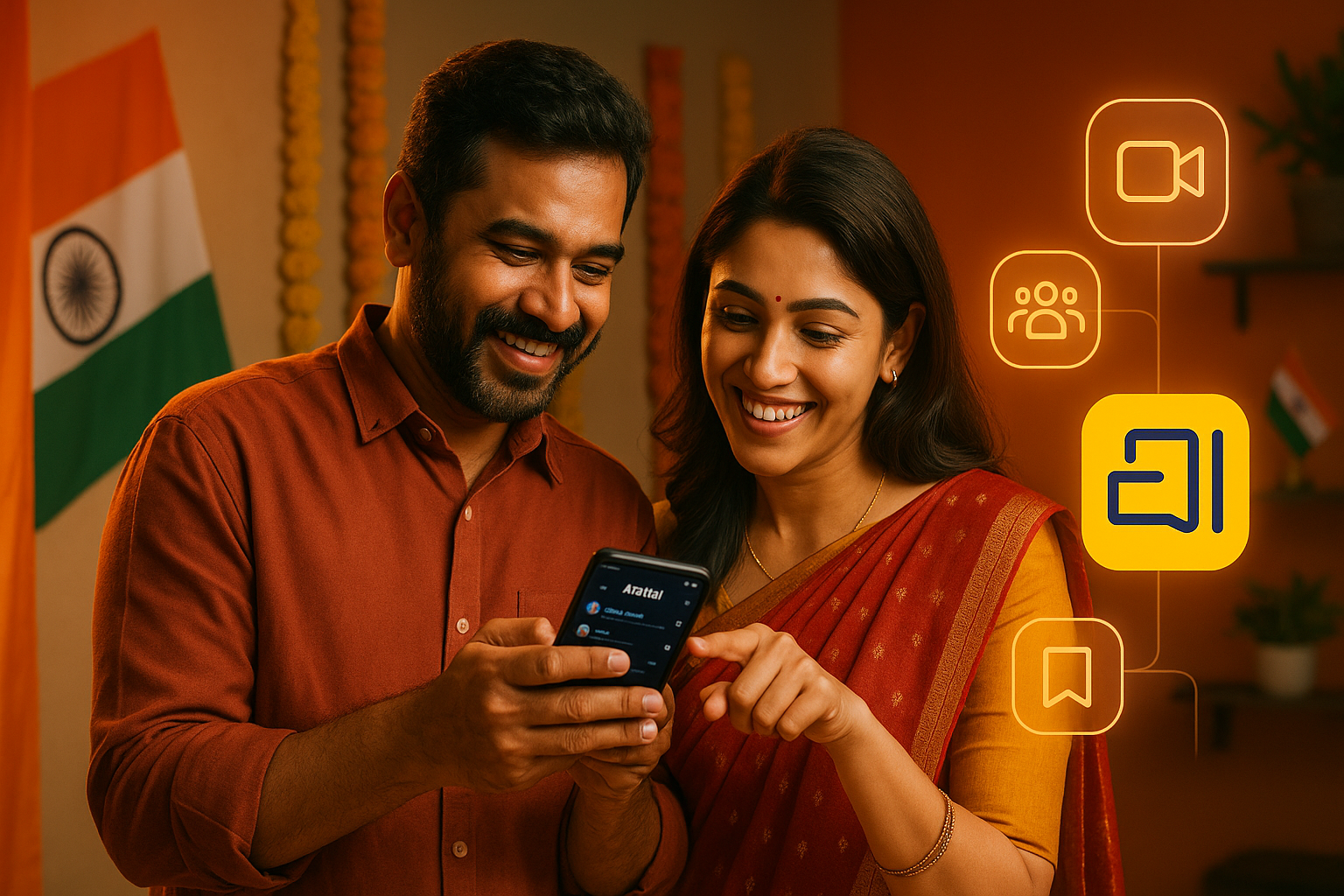 A young Indian couple smiles while using the Arattai messaging app on a smartphone, surrounded by warm lighting and Indian decor. The scene highlights Arattai’s yellow logo and feature icons like video calls and groups, symbolizing India’s modern digital communication and cultural pride.