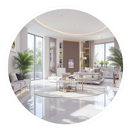 Elegant living room with spotless floors, natural light, and stylish decor.