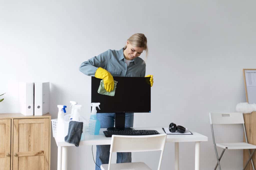 Woman cleaning computer monitor in a tidy workspace for productivity.