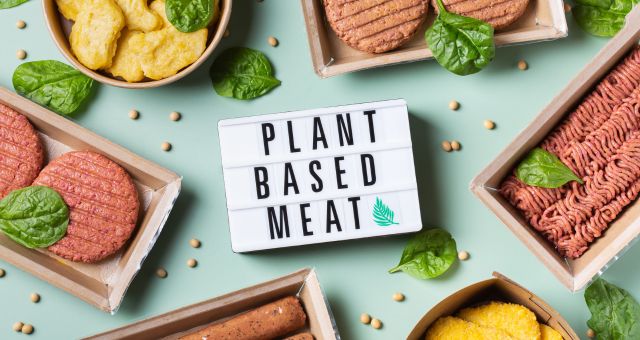 Image with the text 'plant-based meat' with images of vegan sausages, mince, burgers.