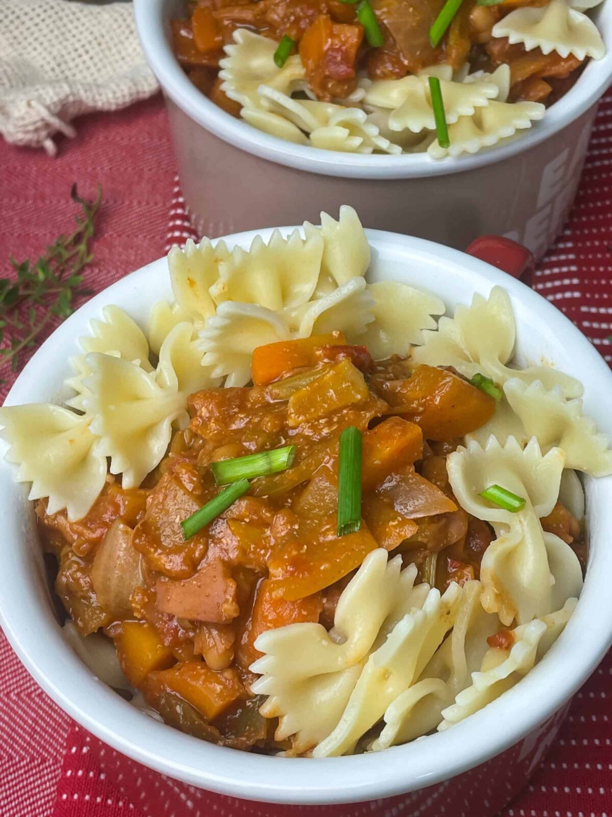 Close up of camp fire stew in large mug served with pasta and chopped chives.