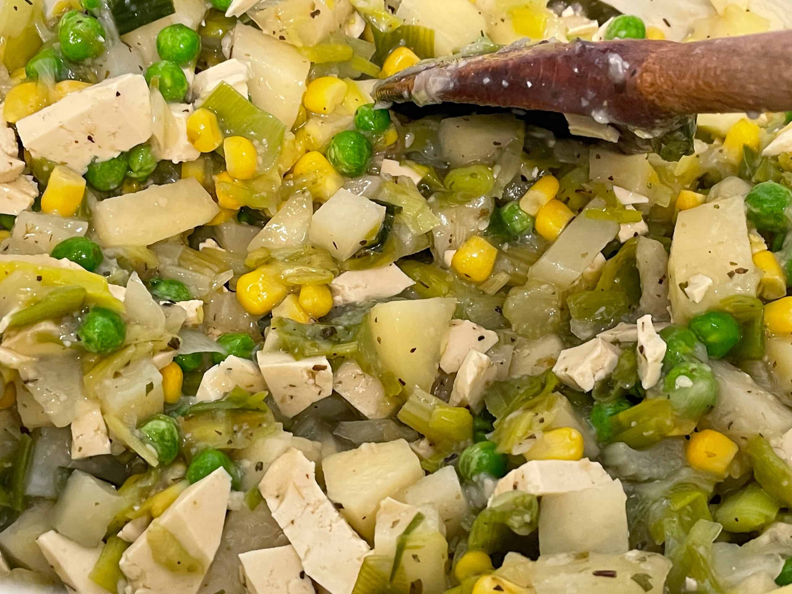 Potatoes, sweetcorn, peas and tofu to sautéed veggies.