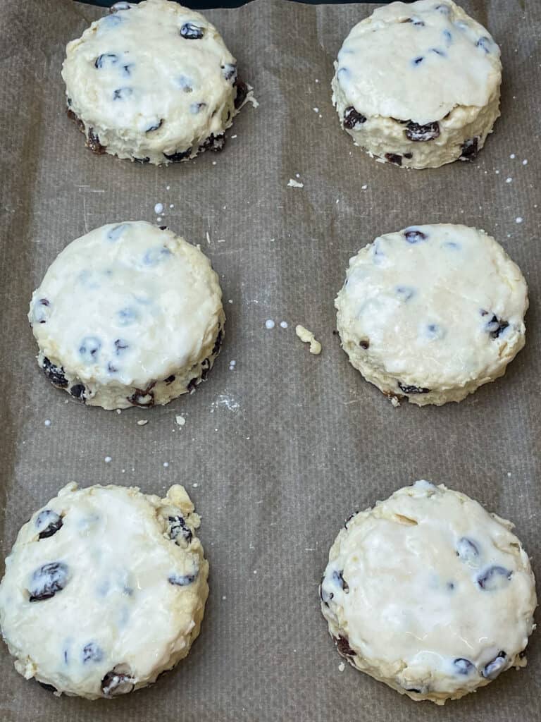 Six scones stamped out with biscuit cutter and sitting on baking tray.