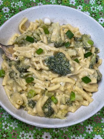 Quick vegan cheesy pasta served in white bowl with green flower background, featured image.