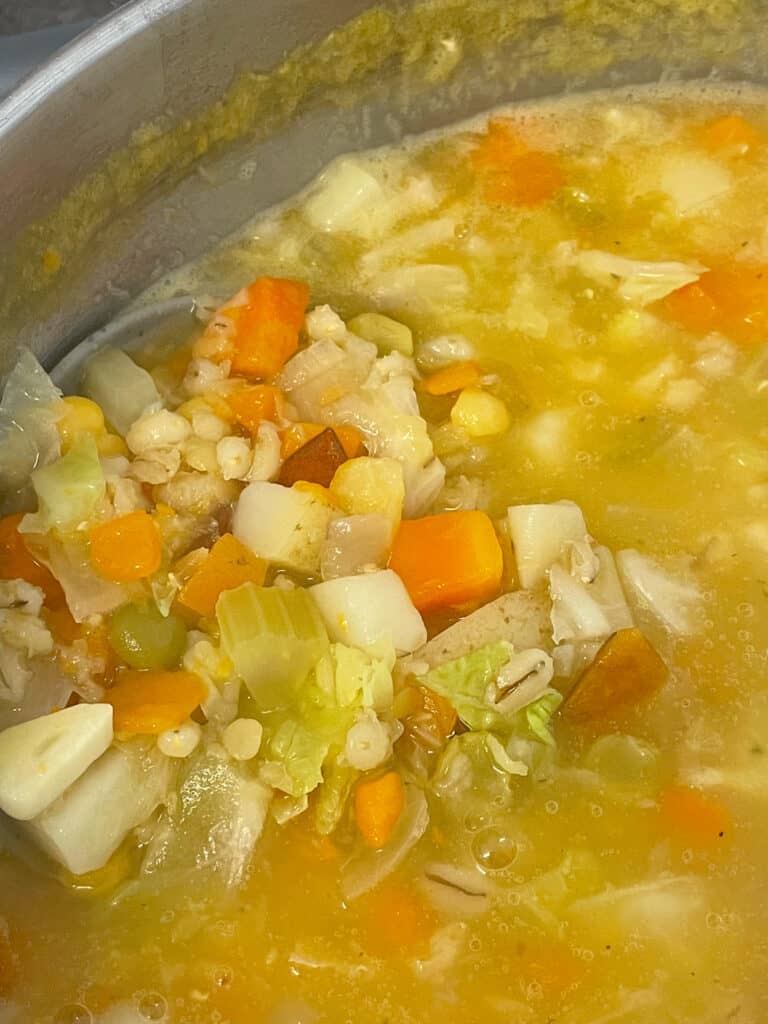 Soup cooked and ready, with grey ladle.
