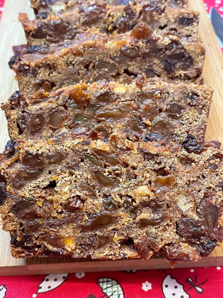 Close up of vegan gluten-free fruit cake slices.