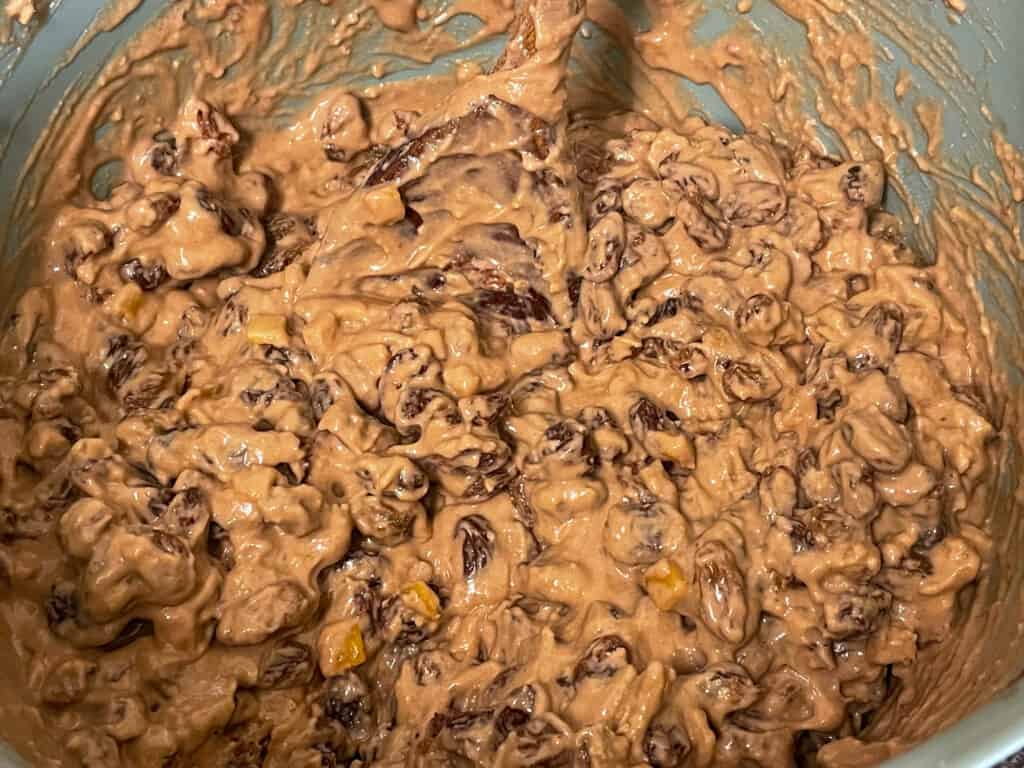 Unbaked cake mixture in mixing bowl.