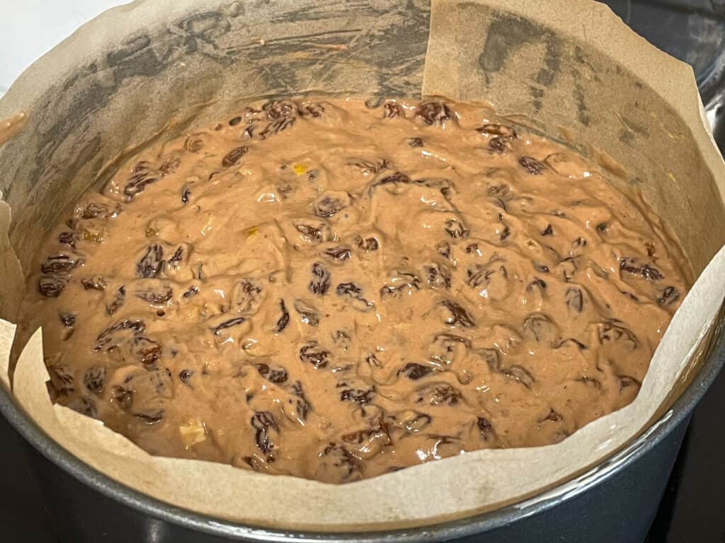 Cake mix added to cake pan.