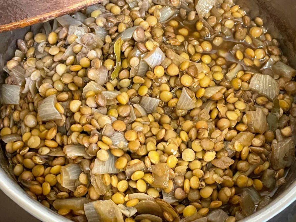 lentil mix cooked in pot.