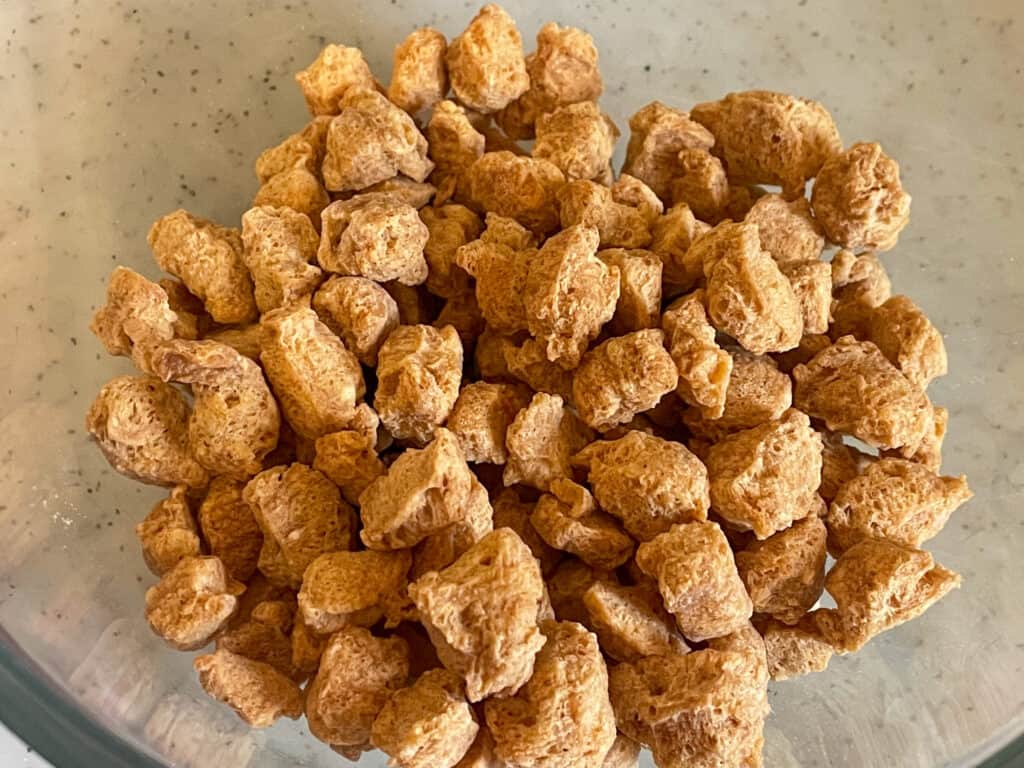 dried soya chunks in bowl.