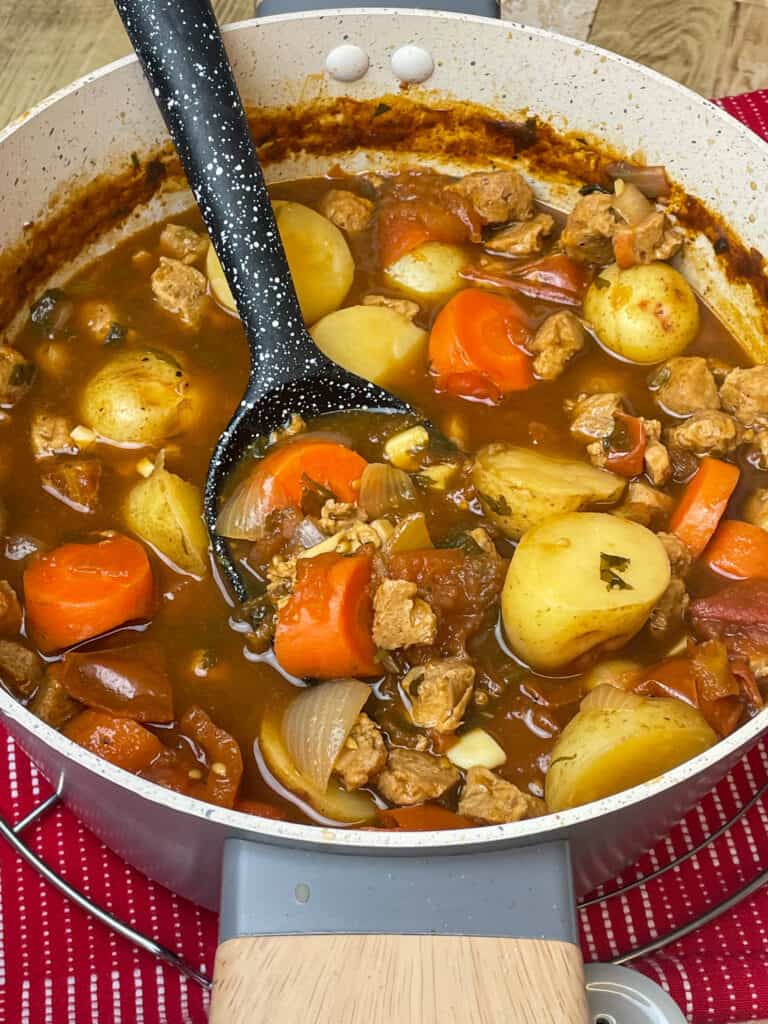 stew pot filled with vegan Warwickshire stew, pot sitting on wire cooling rack with red striped tea towel, black ladle inside pot.