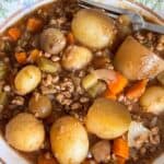 Close up bowl of vegan mince and tatties mixed together.
