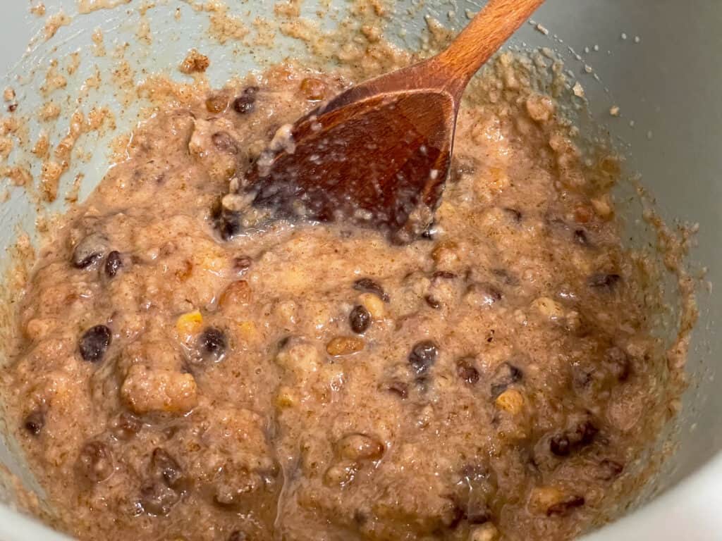 vegan Weetabix cake soaked overnight and ready to add to the loaf pan to bake.