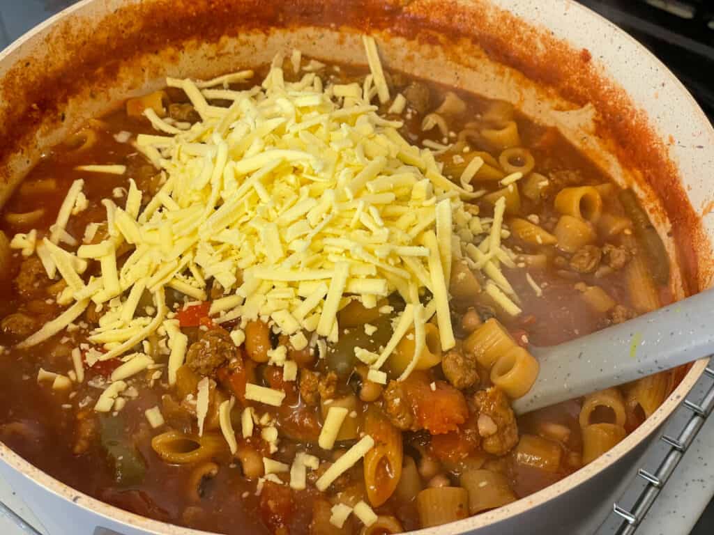 Cheese added to goulash.