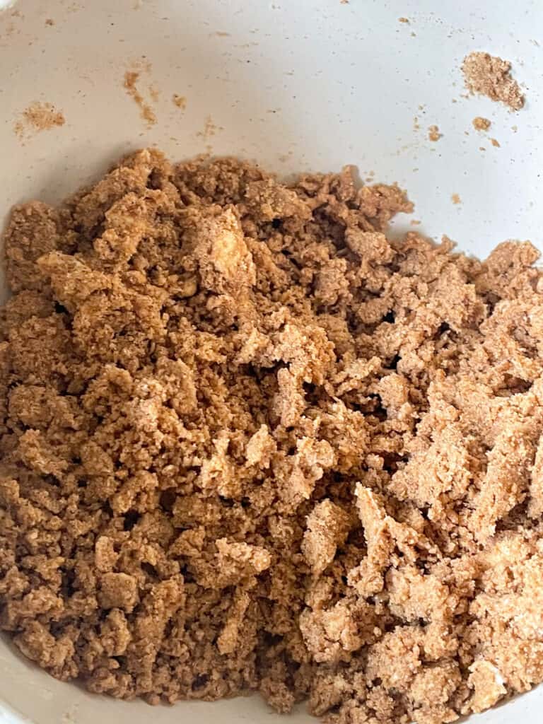 streusel topping prepared and ready to sprinkle on to unbaked coffee cake.