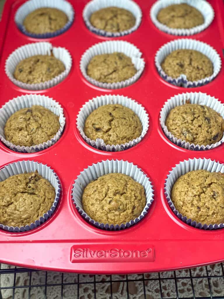 treacle buns baked and cooling in muffin tray on top of wire rack.