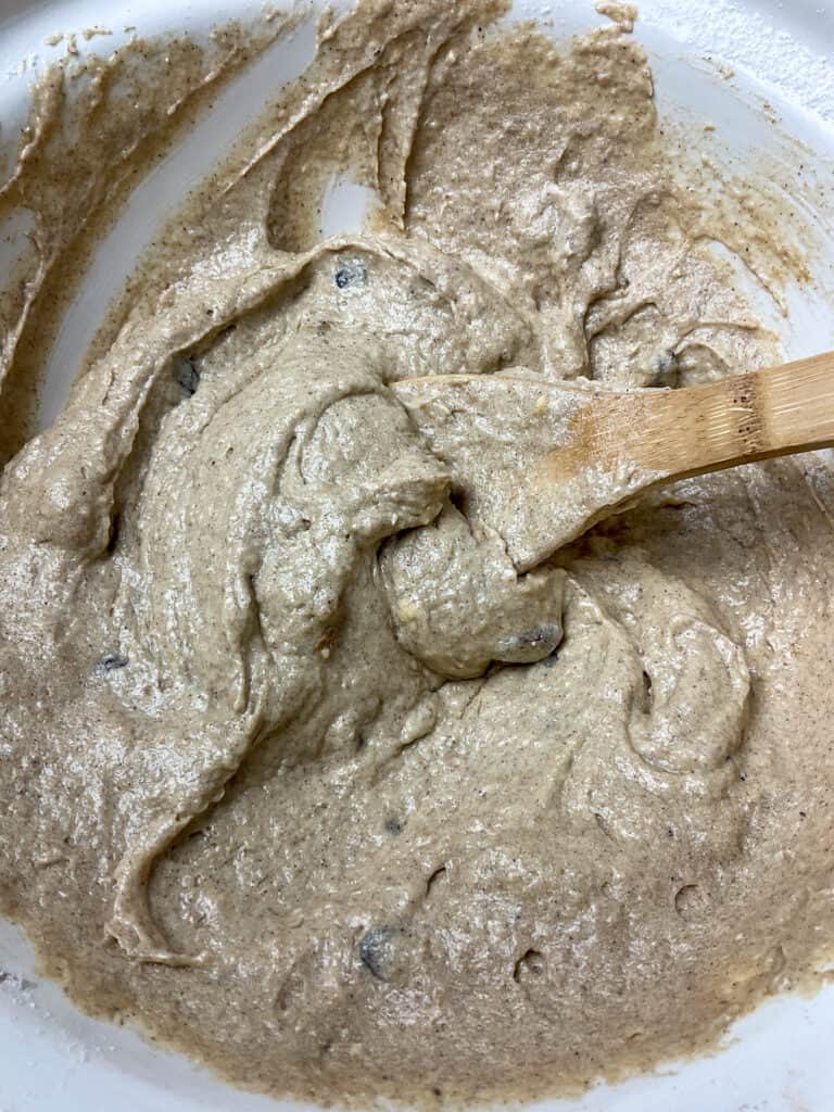 applesauce spice cake mixed and ready to scoop into cake tin.