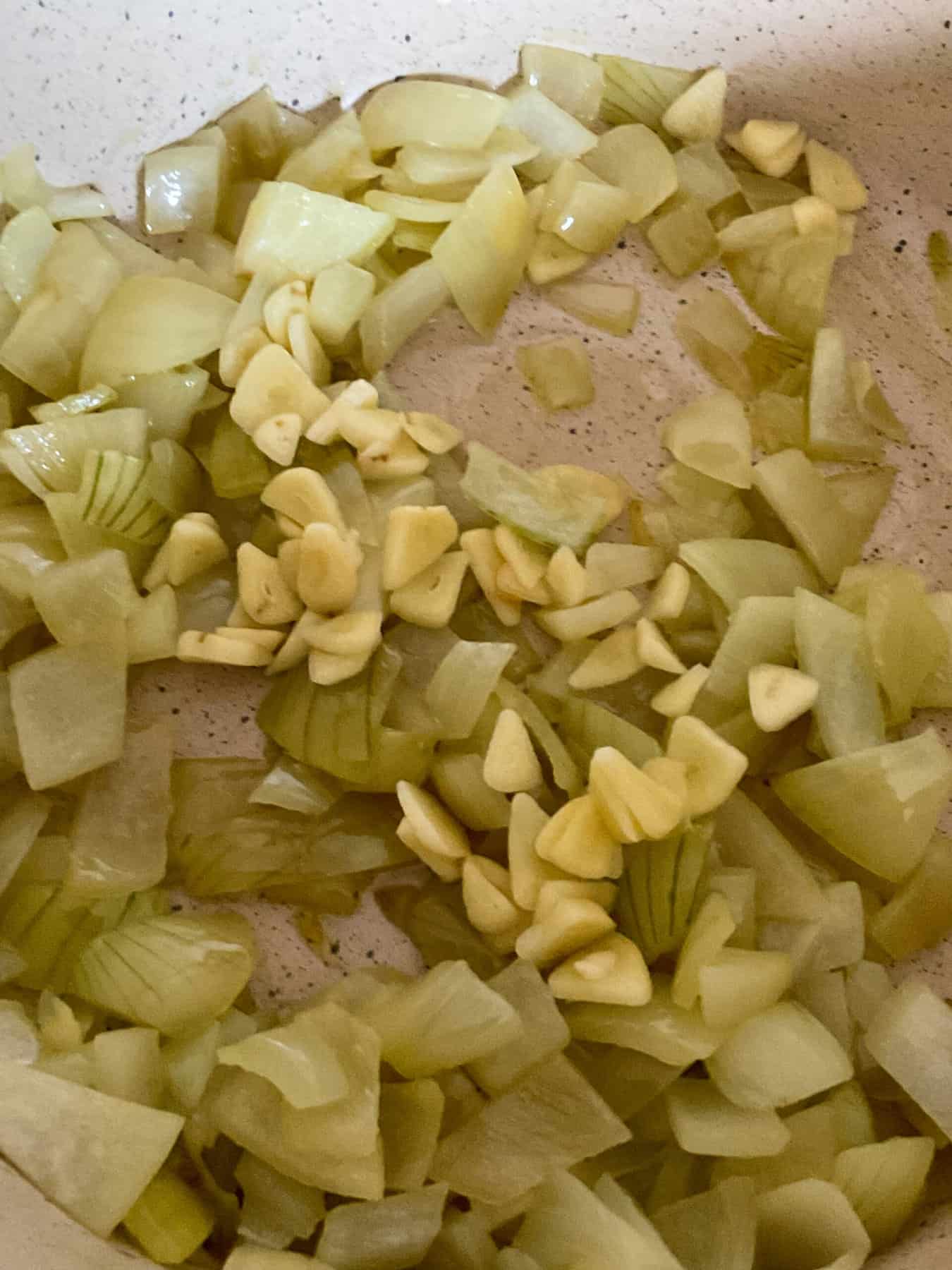 Onions and garlic in stew pot.